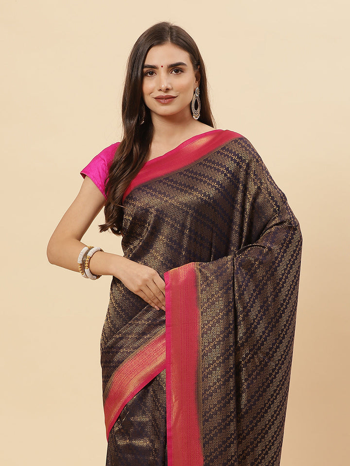 Brocade Zari Jaal Art Handloom Saree with contrast Blouse