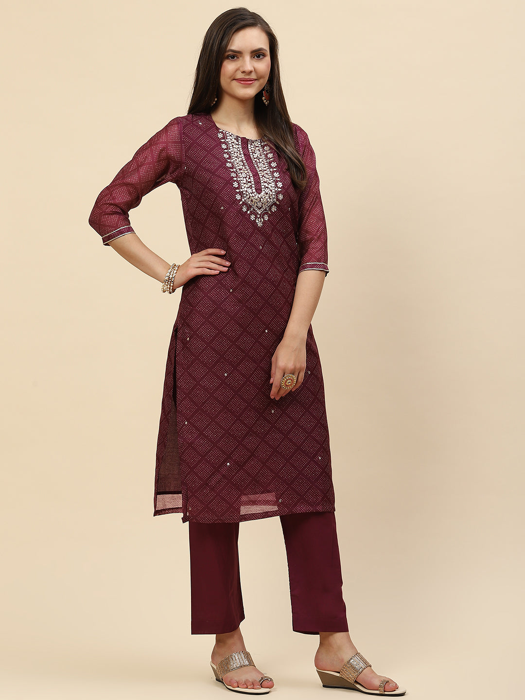 Mirror Embroidered &amp; Printed Chanderi Kurta With Pants