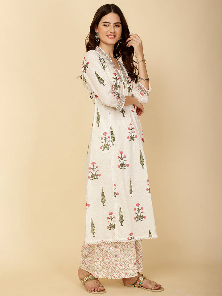 Block Printed Cotton Kurta With Palazzo &amp; Dupatta