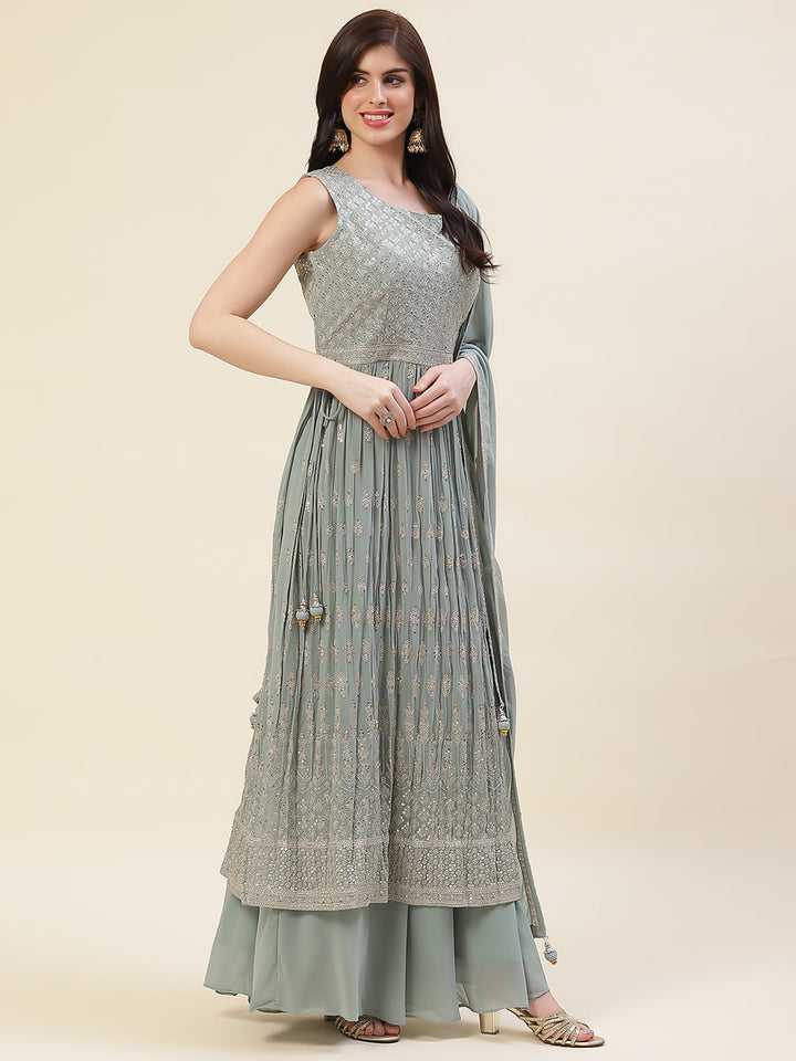 Sequin Embroidered Georgette Kurta With Palazzo &amp; Dupatta