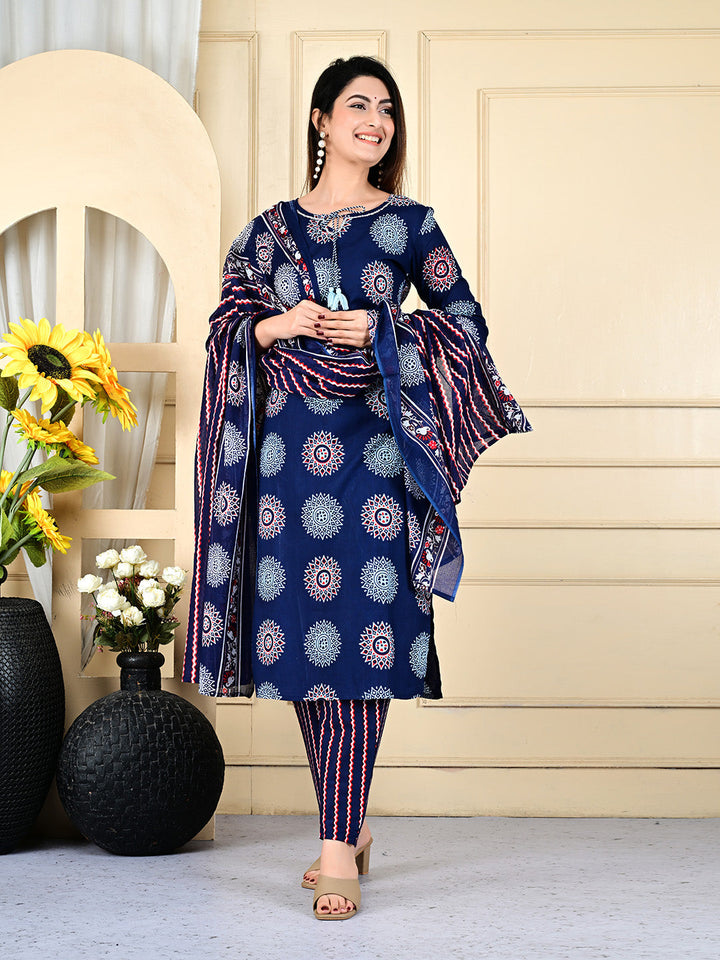 Printed Cotton Blend Kurta With Pants &amp; Dupatta