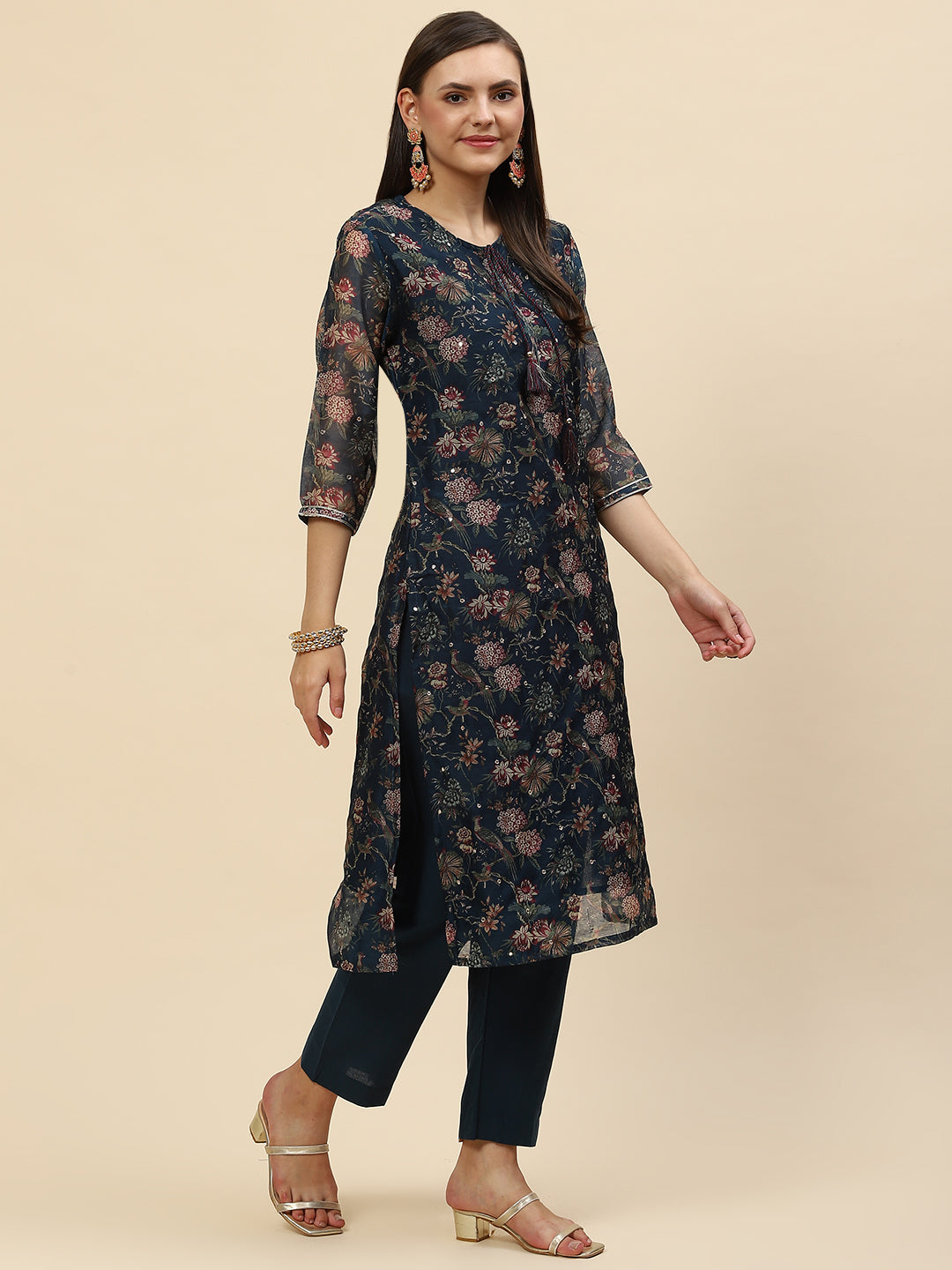 Floral Printed Chanderi Kurta With Pants