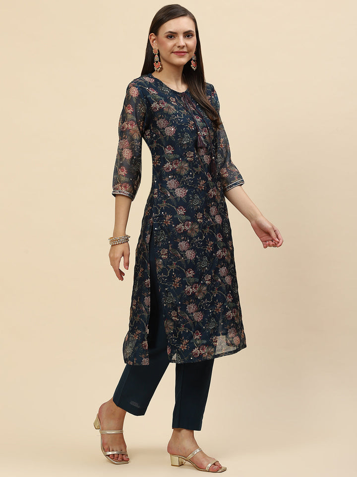 Floral Printed Chanderi Kurta With Pants