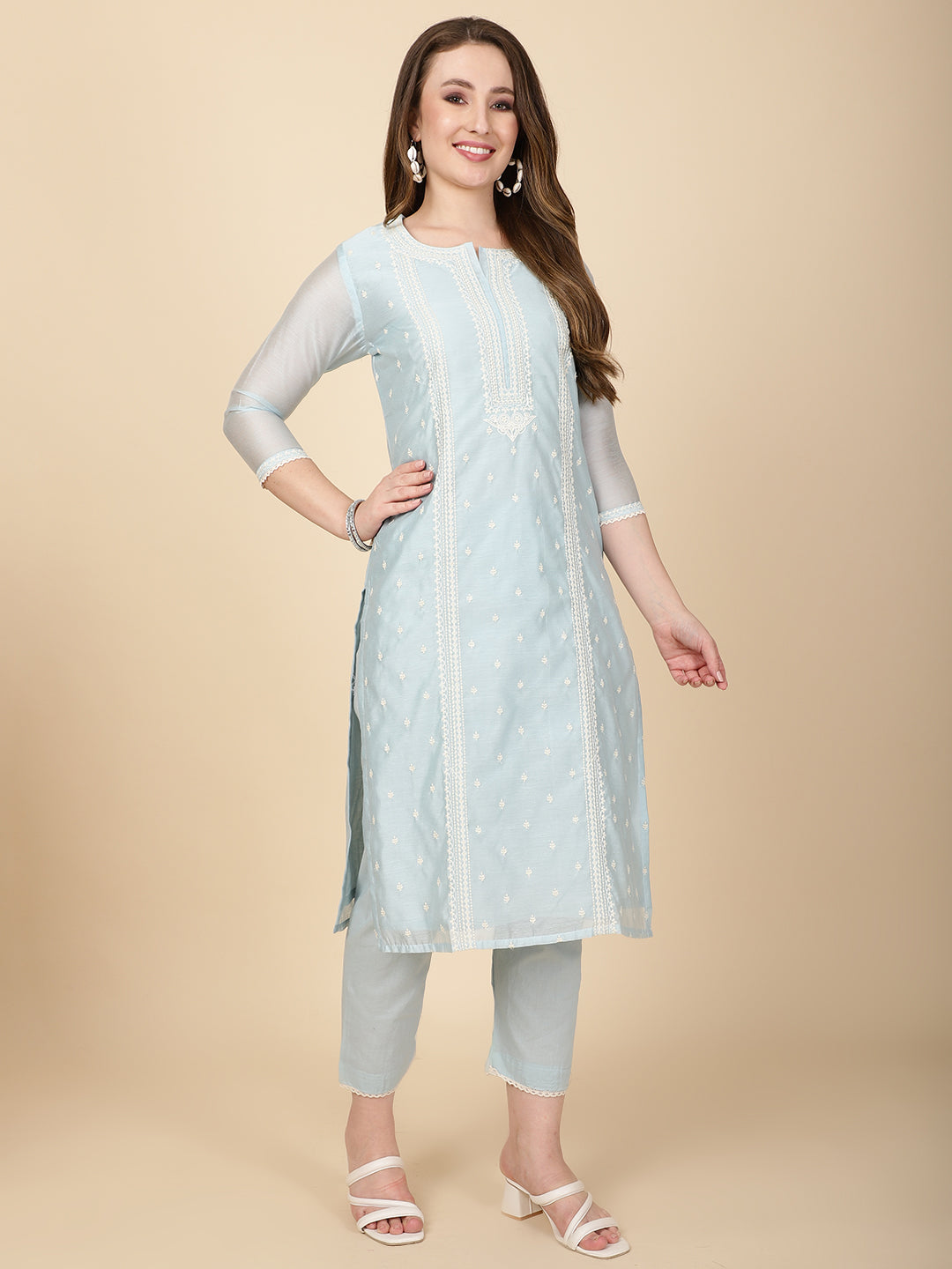 Booti Embroidery Chanderi Kurta With Pants &amp; Dupatta
