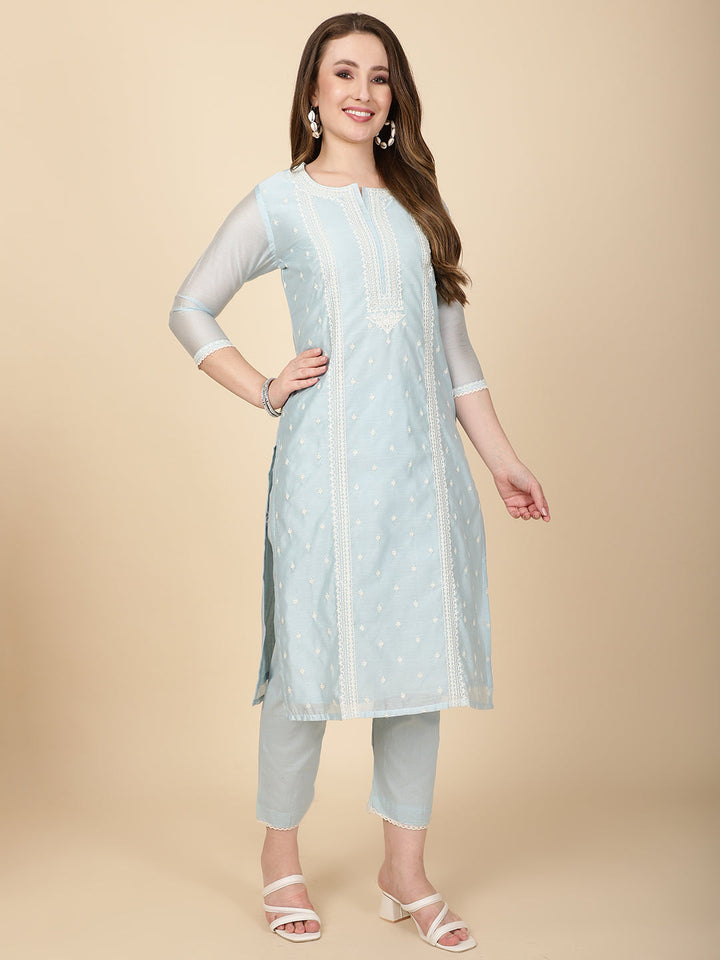 Booti Embroidery Chanderi Kurta With Pants &amp; Dupatta