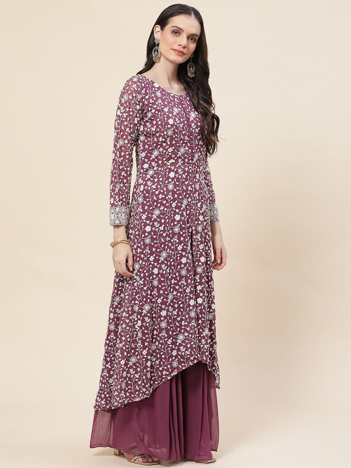 Embroidered Georgette Kurta With Palazzo &amp; Dupatta