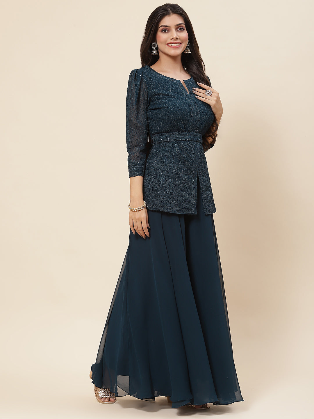 Resham Embroidered Georgette Kurti With Palazzo &amp; Dupatta