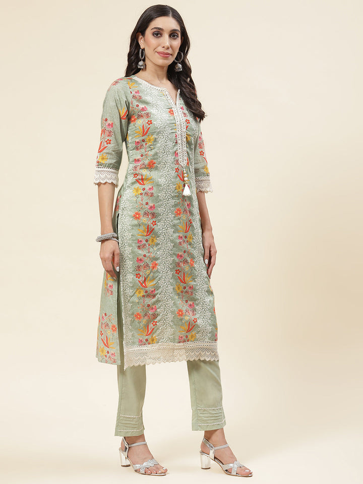 Floral Printed &amp; Embroidered Cotton Kurta With Pants &amp; Dupatta