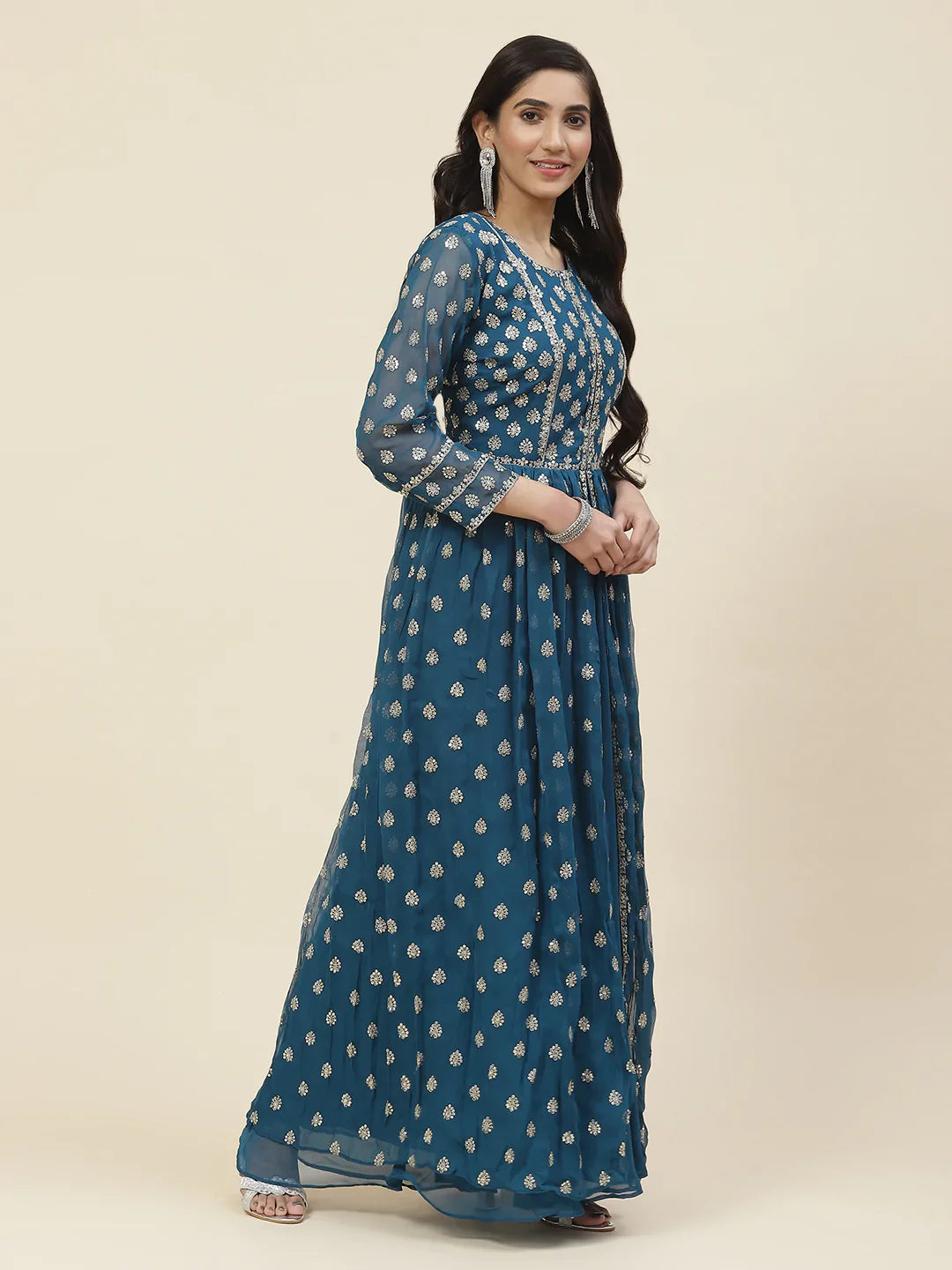 Sequin Embroidered Georgette Kurta With Sharara &amp; Dupatta