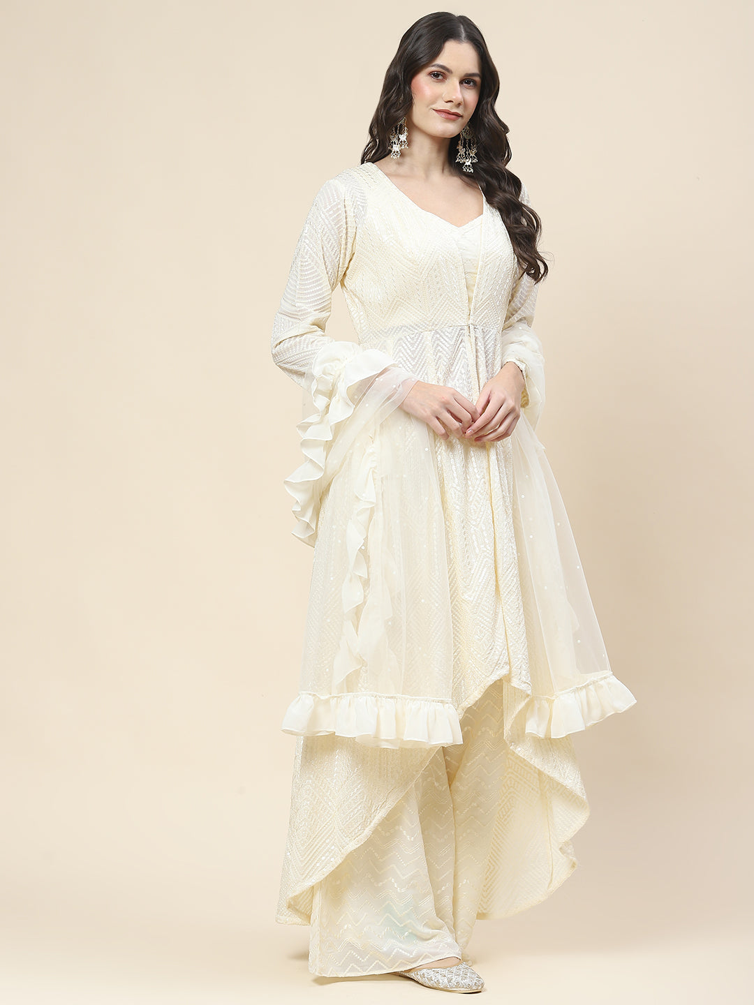 Sequin Embroidered Georgette Top Jacket With Palazzo &amp; Dupatta