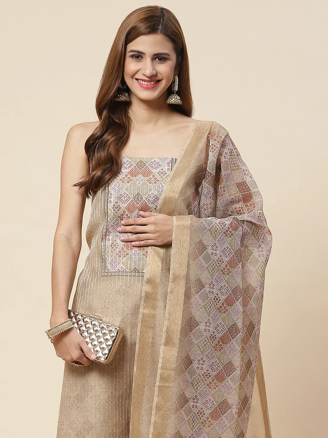 Neck Embroidered Chanderi Unstitched Suit Piece With Dupatta
