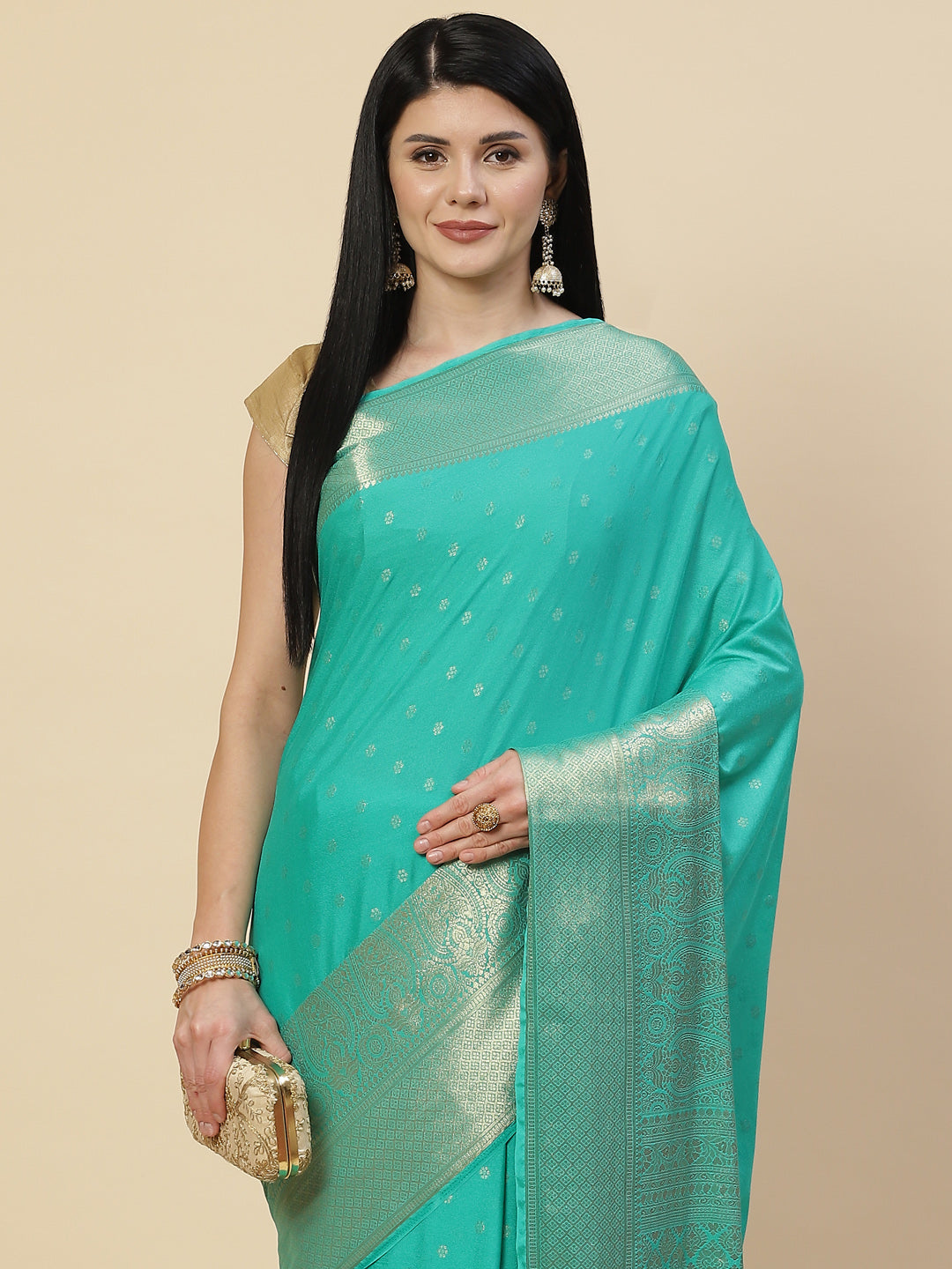 Zari Booti Crepe Plain Saree
