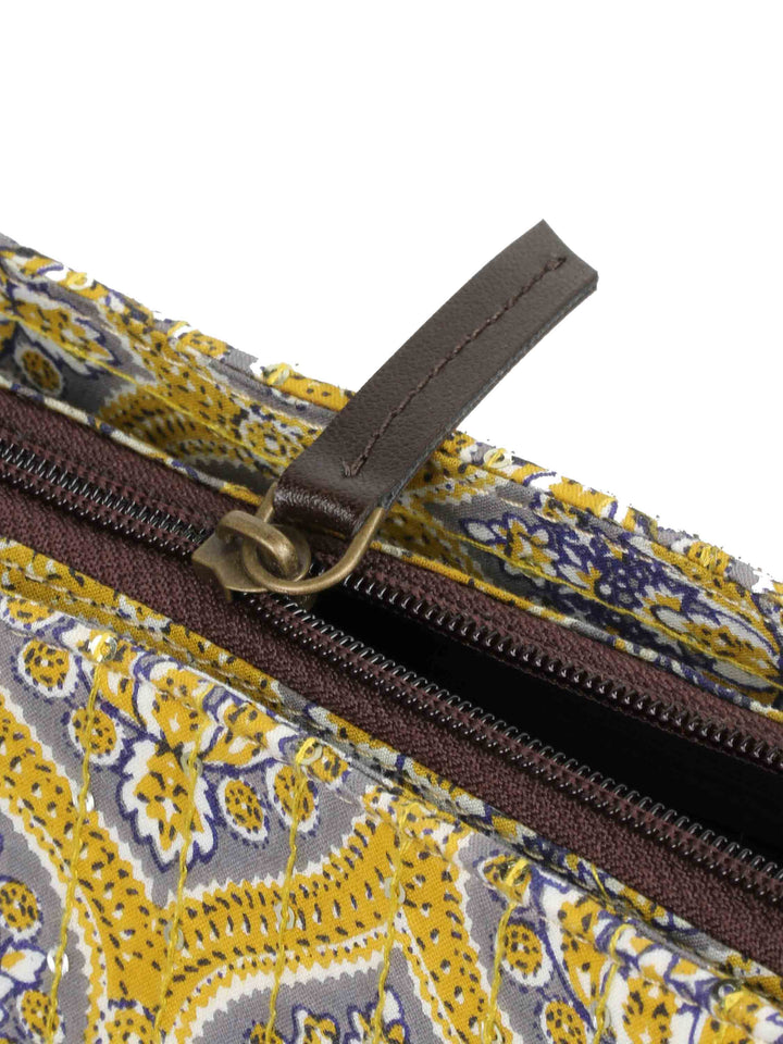 Yellow Printed Cotton Handbag With Pouch
