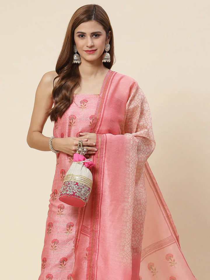 Floral Printed Chanderi Unstitched Suit Piece With Dupatta