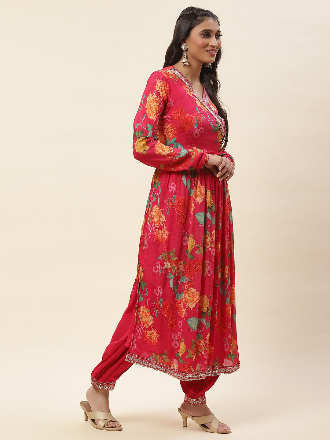Floral Printed Chiffon Kurta With Pants &amp; Dupatta