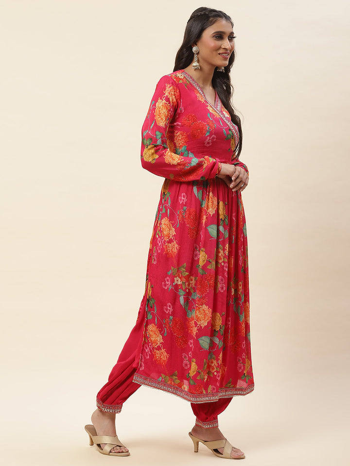 Floral Printed Chiffon Kurta With Pants &amp; Dupatta