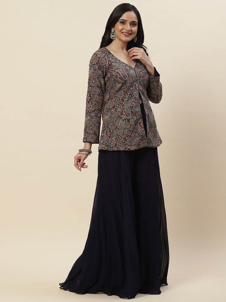 Embroidered Georgette Jacket Style Top With Palazzo &amp; dupatta