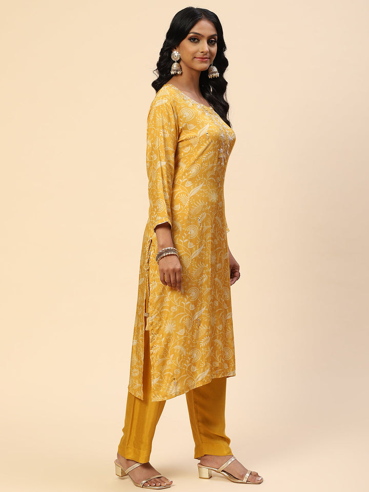 Neck Embroidered Printed Cotton Kurta With Pants