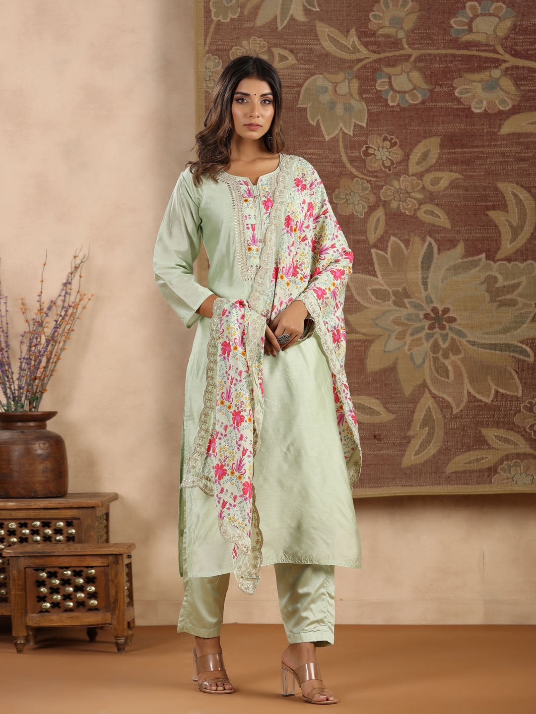 Neck Embroidered Chanderi Kurta With Pants &amp; Dupatta