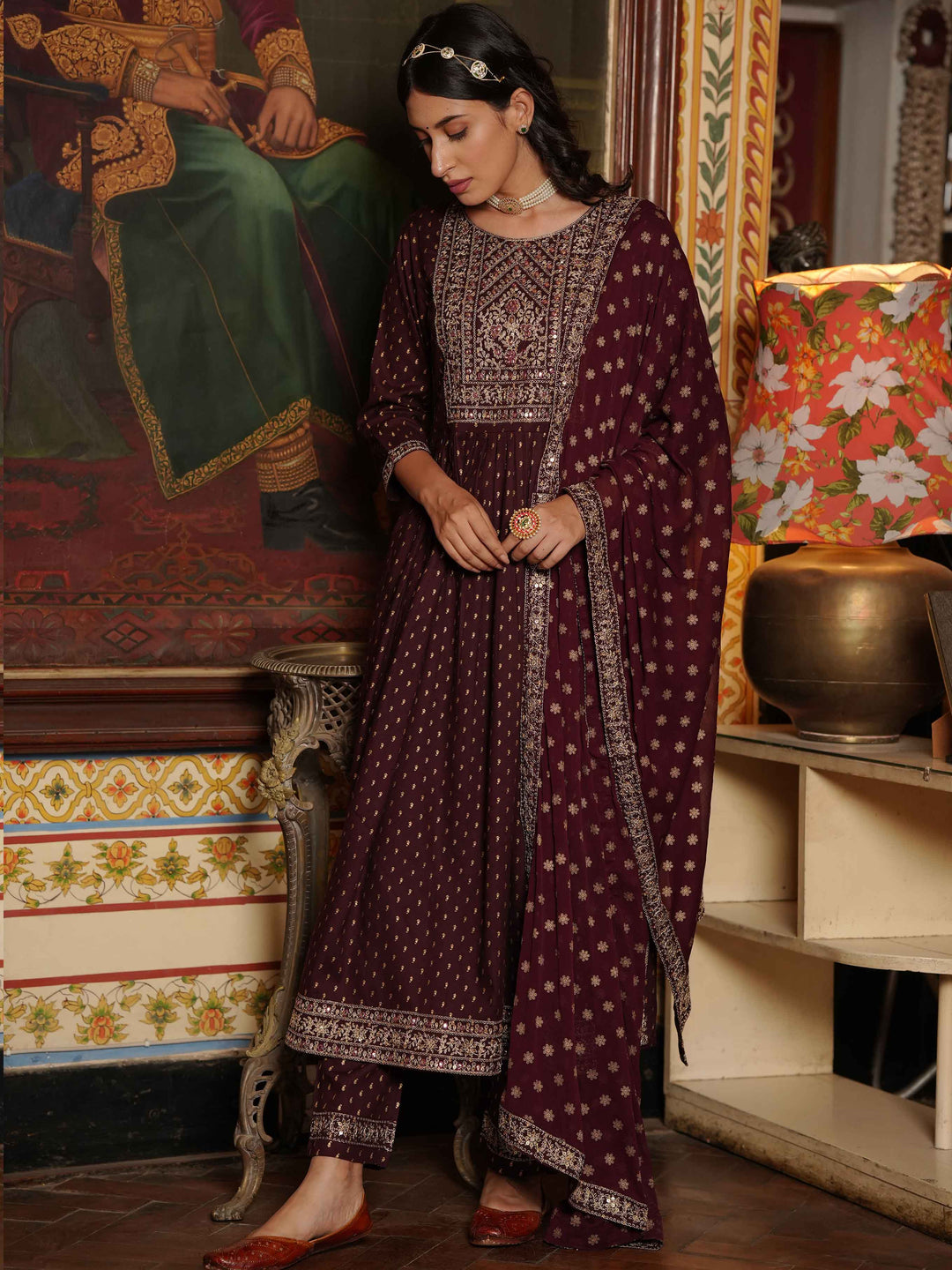 Neck Embroidered Cotton Kurta With Palazzo &amp; Dupatta