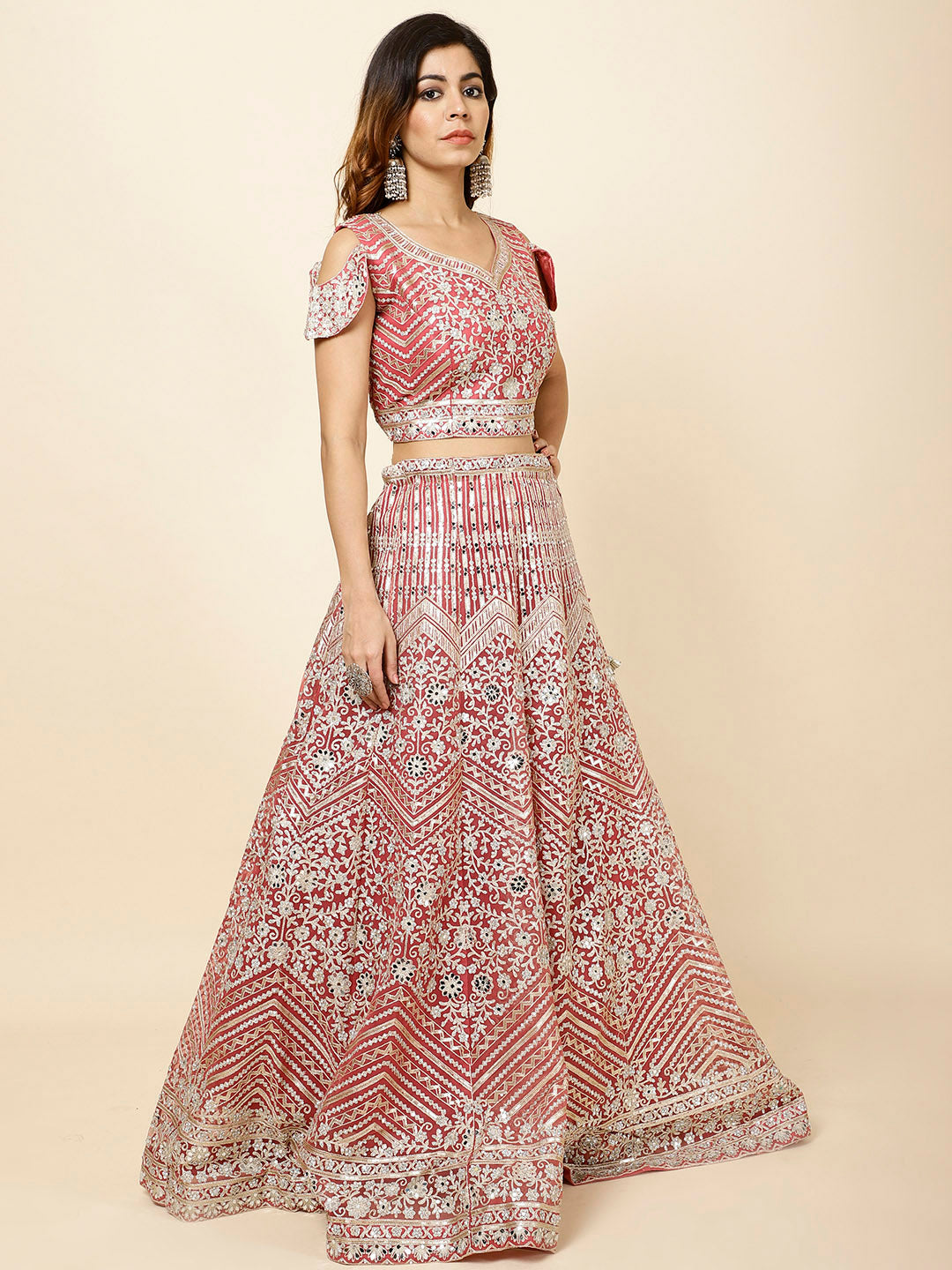 Zari Embroidered Net Choli With Lehenga &amp; Dupatta