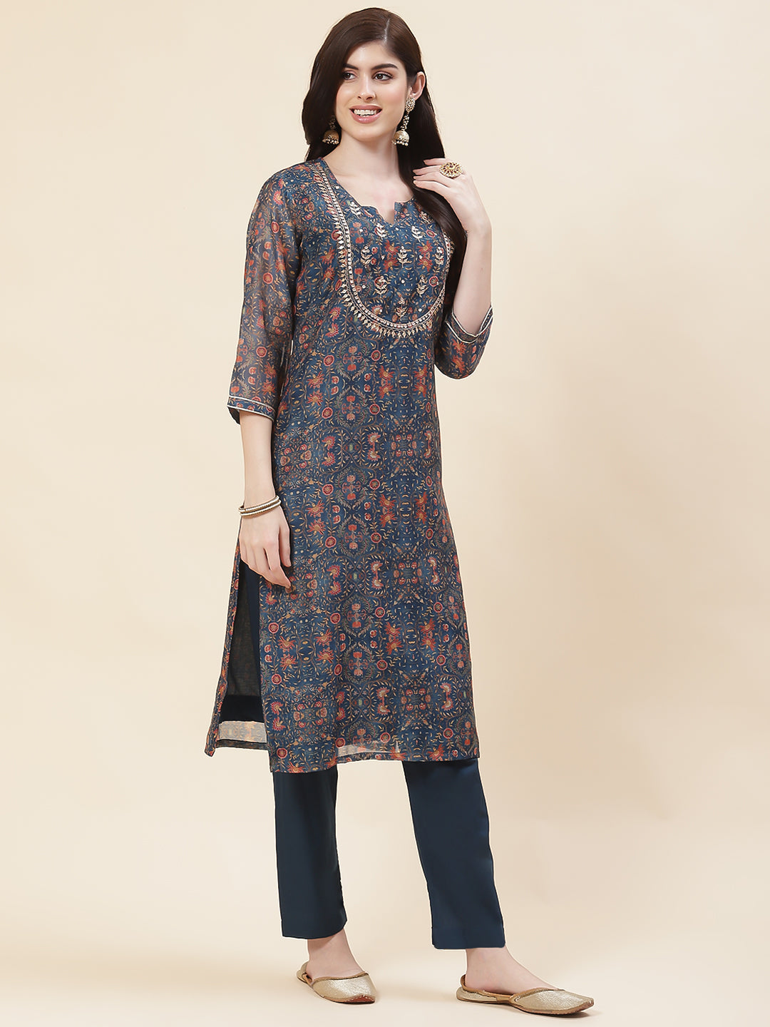 Printed Chanderi Kurta With Pants