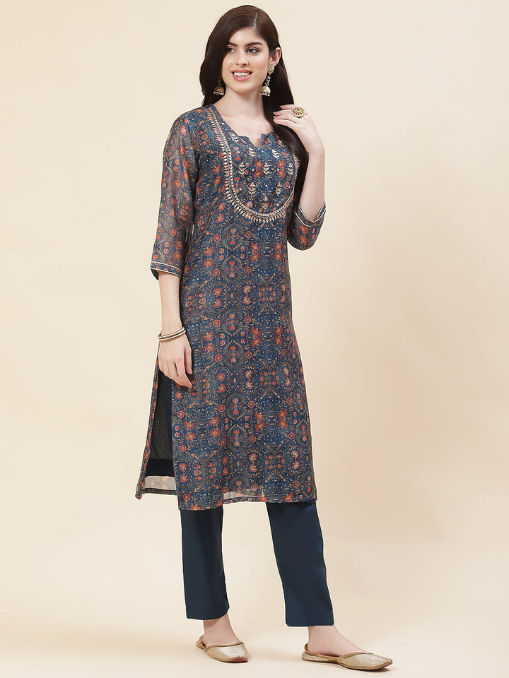 Printed Chanderi Kurta With Pants