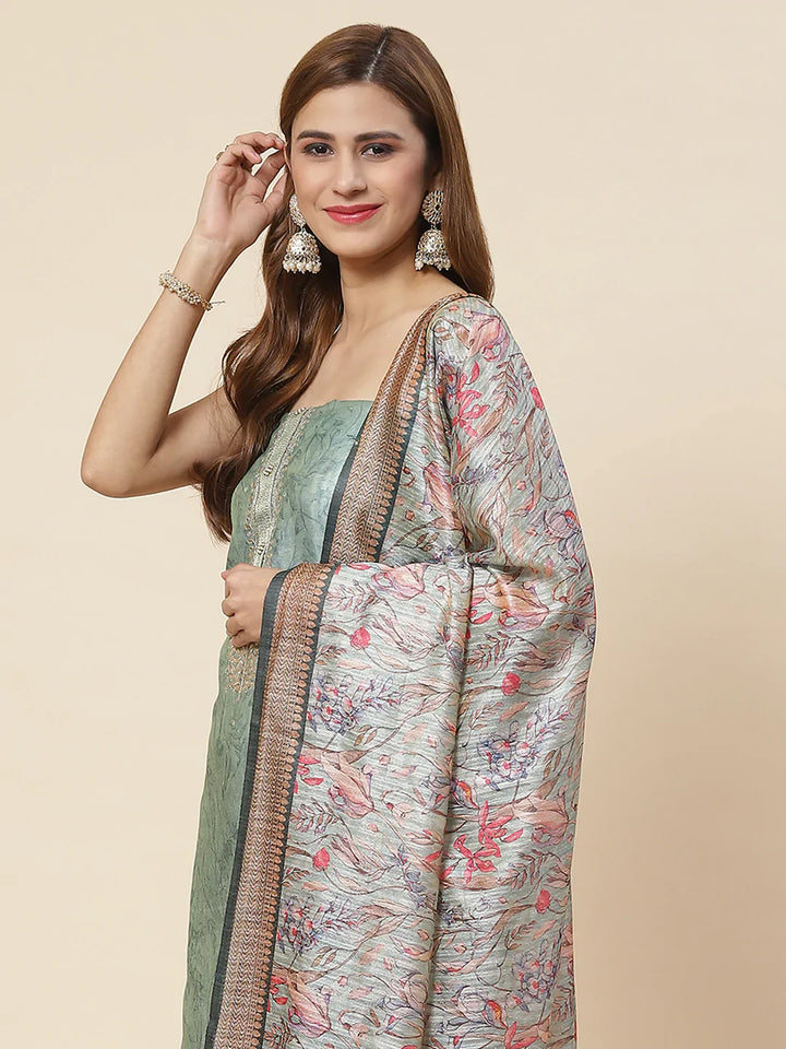 Neck Embroidered &amp; Printed Chanderi Unstitched Suit Piece With Dupatta