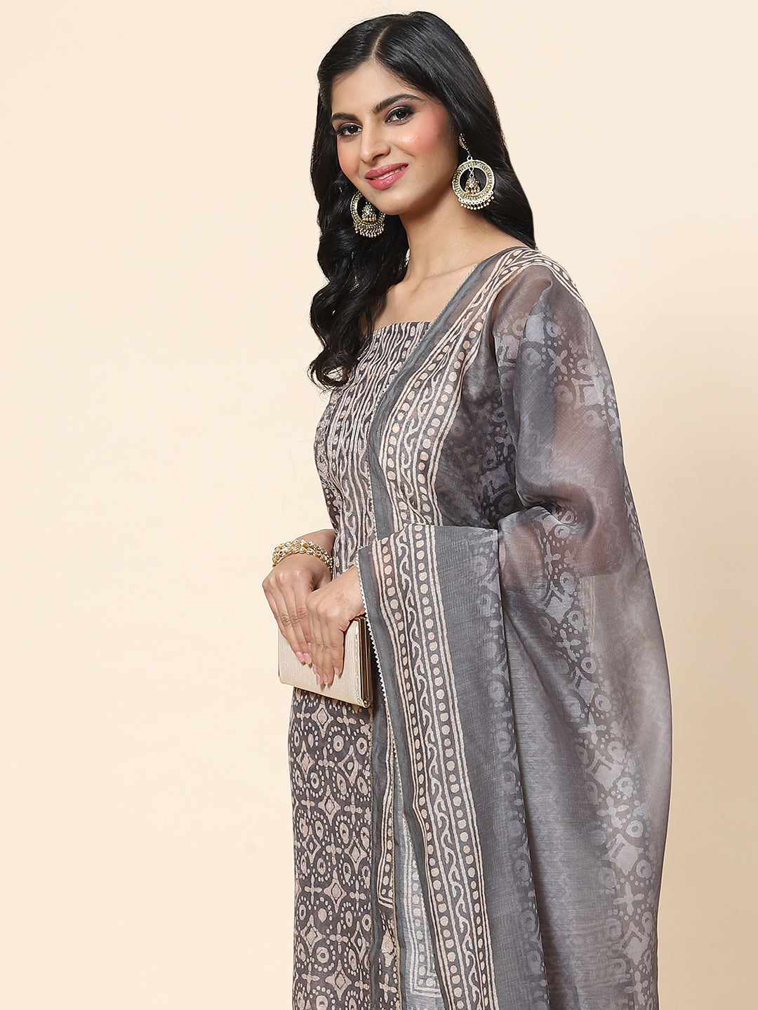 Printed Chanderi Unstitched Suit Piece With Dupatta