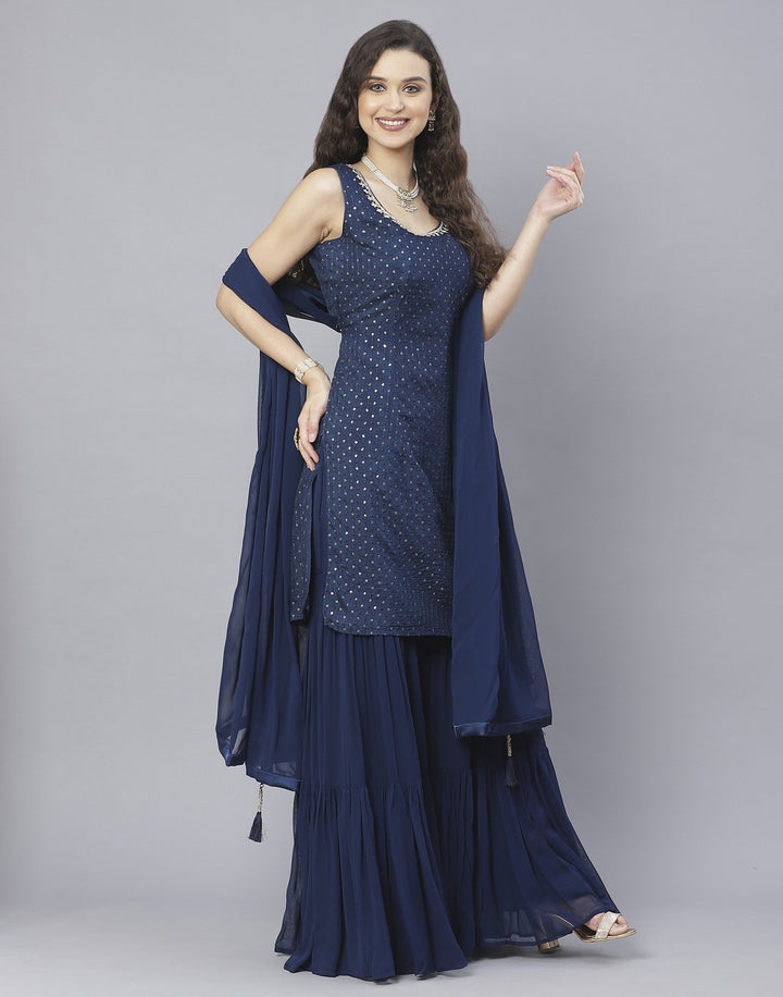 Navy Blue and Rani Handloom Dupion Salwar Kameez