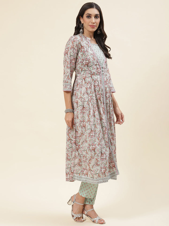 Floral Printed Cotton Kurta With Pants &amp; Dupatta