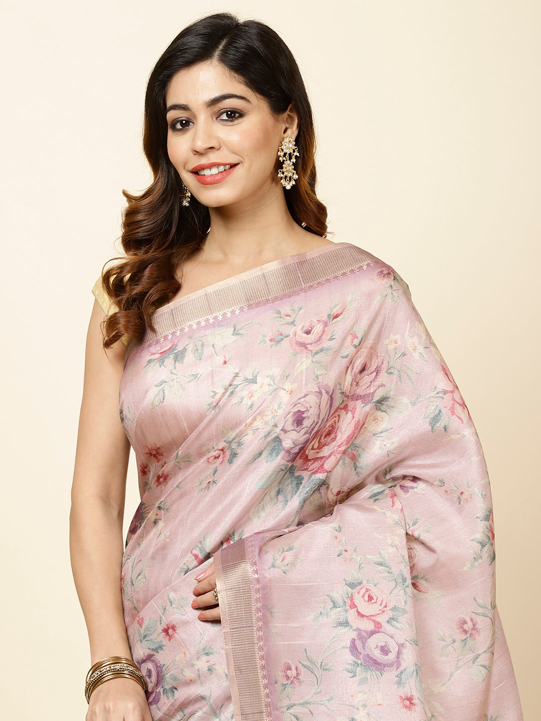 Digitally Floral Printed Tussar Saree