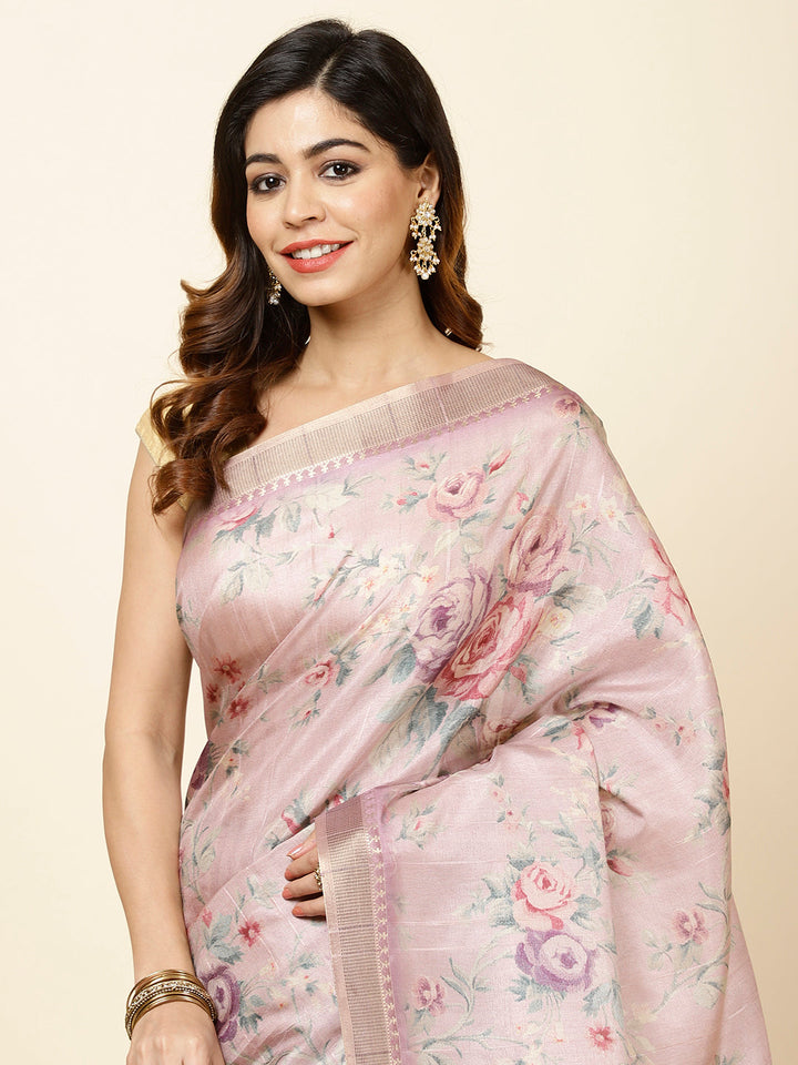 Digitally Floral Printed Tussar Saree
