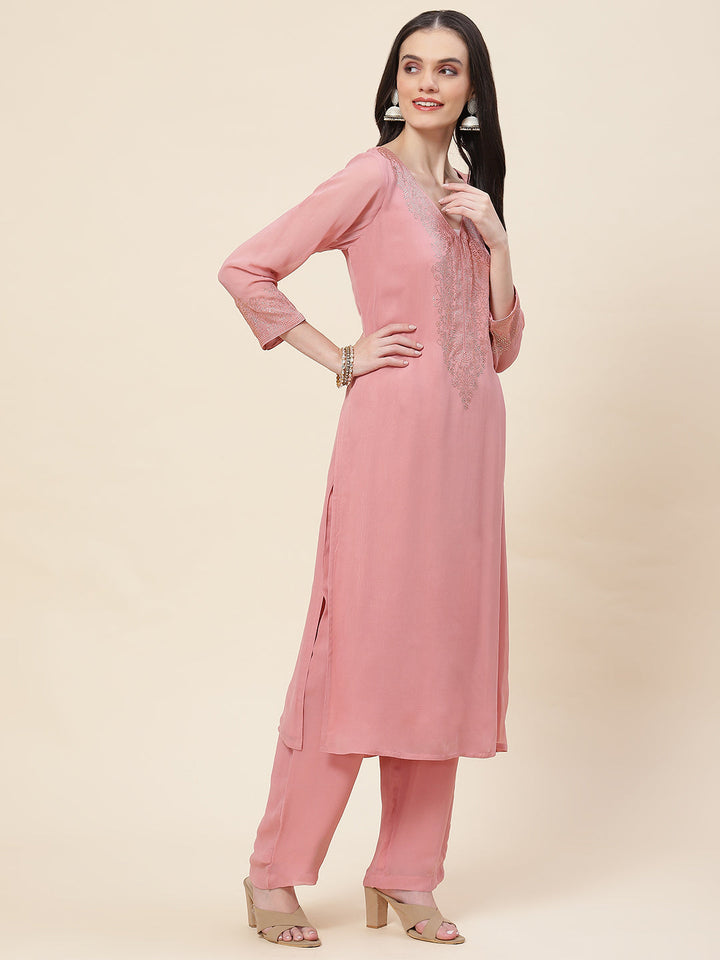 Neck Embellished Georgette Kurta With Palazzo &amp; Dupatta