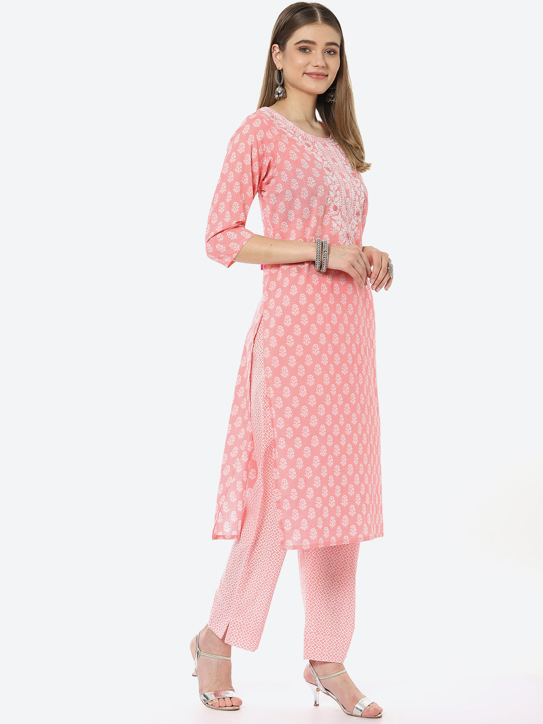 Resham Neck Booti Cotton Kurta With Pant &amp; Cotton Dupatta