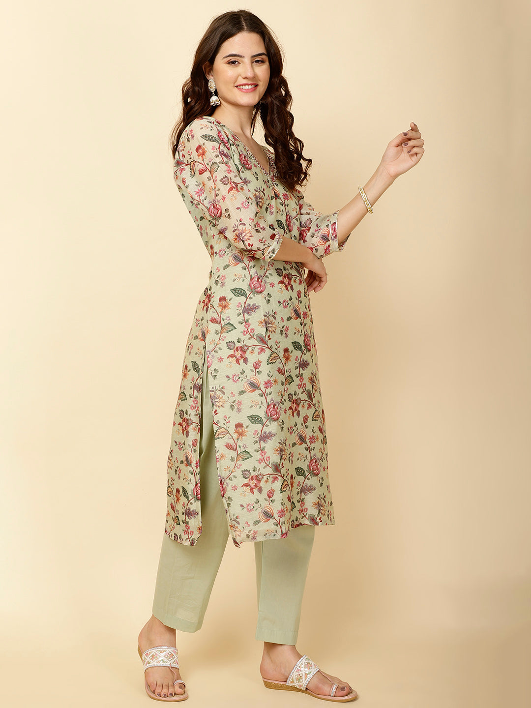 Floral Printed Cotton Straight Kurta With Pants