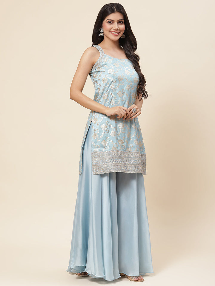 Floral Woven Georgette Kurta With Sharara &amp; Dupatta