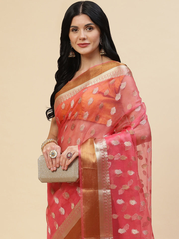Antique Booti Organza Plain Saree