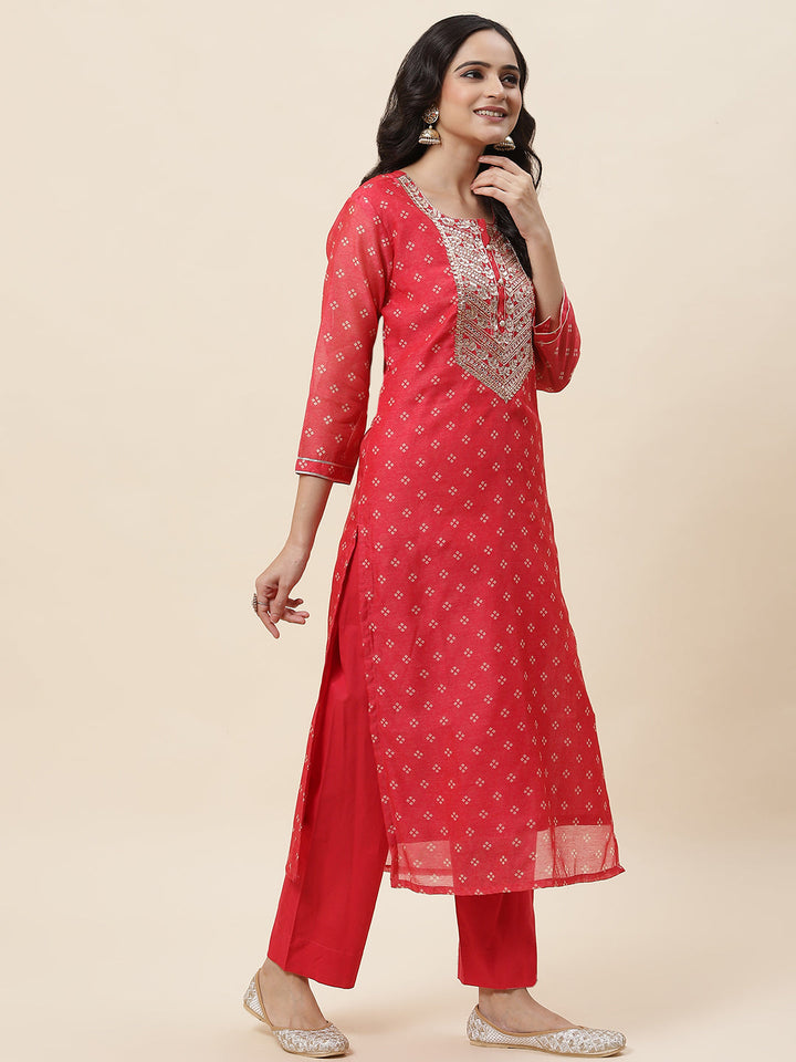 Bandhani Printed Chanderi Kurta With Pants &amp; Dupatta