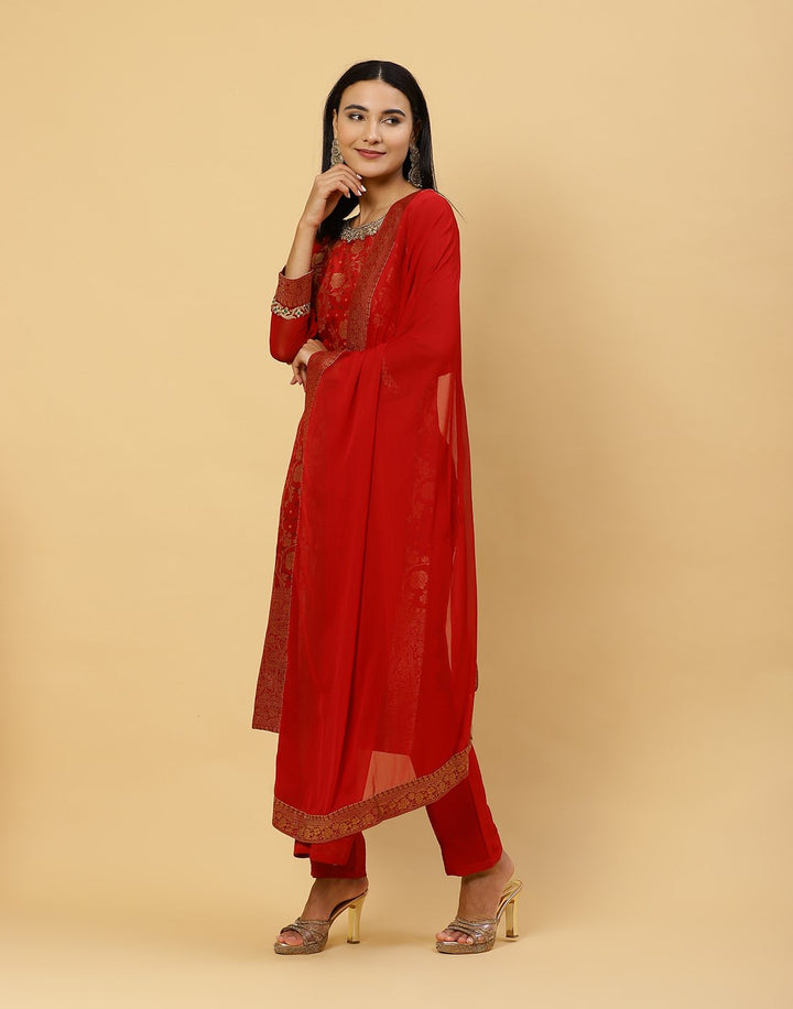 Embroidered Banarasi Brocade Salwar Kameez Stitched Suit With Georgette Dupatta