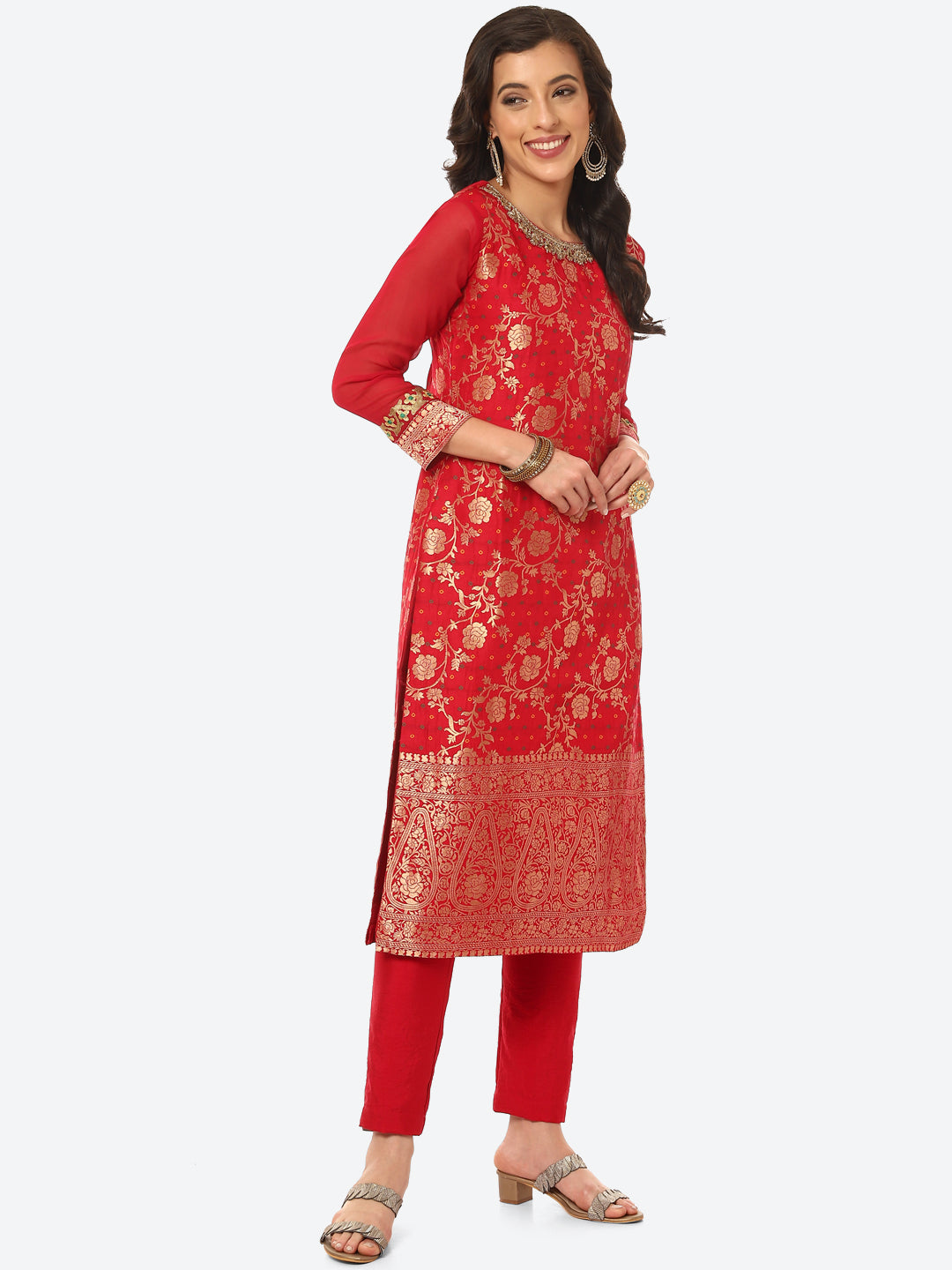 Floral Zari Zaal Banarsi Brocade Kurta With Pant &amp; Dupatta