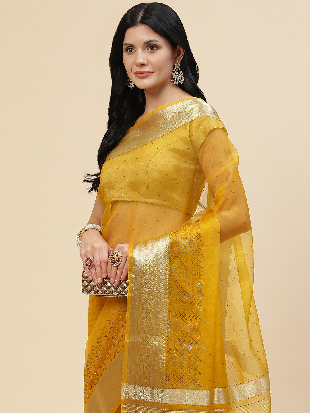 Stone Work Plain Organza Saree