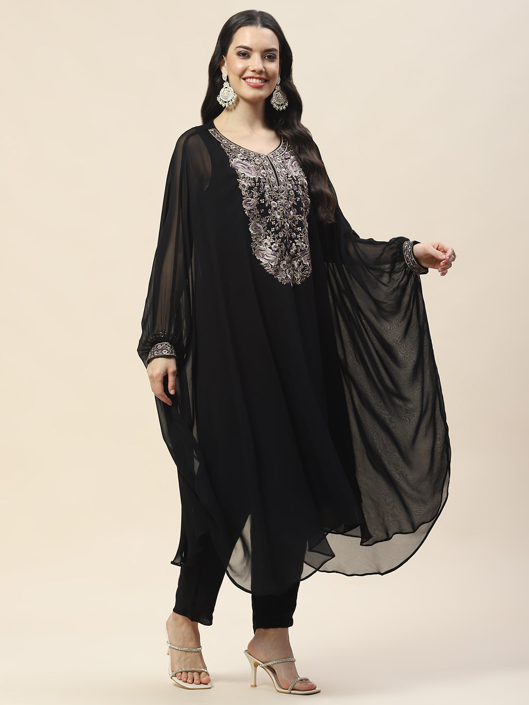 Yoke Embroidery Georgette Kurta With Pants