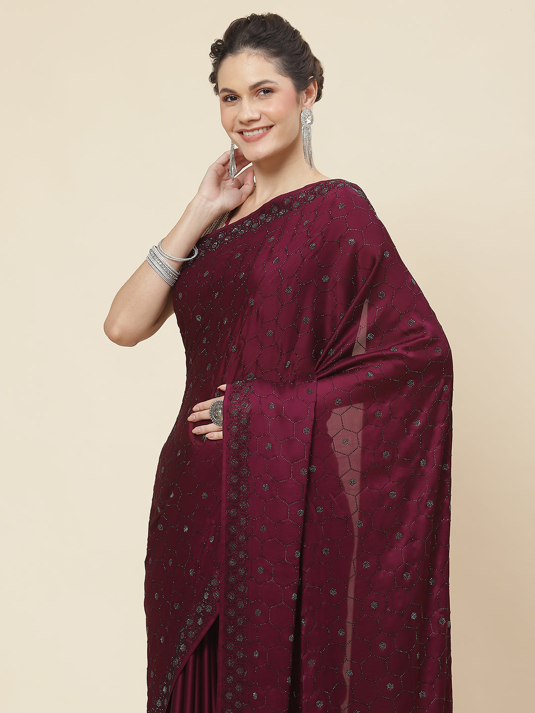 Stone Embroidered Satin Saree