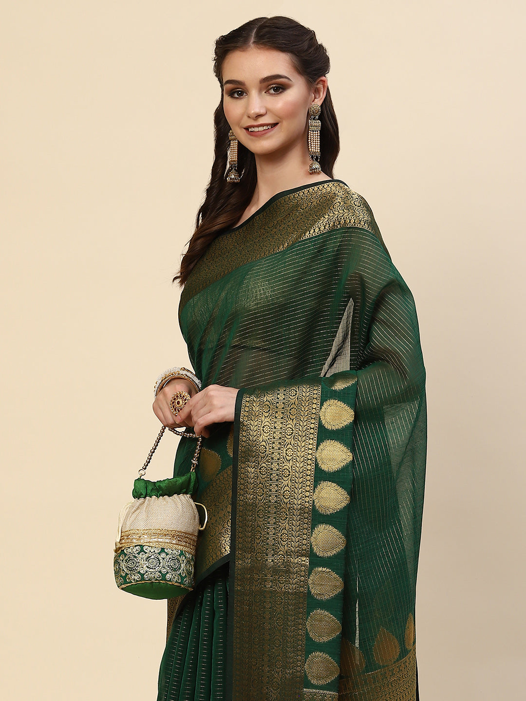 Stripes Zari Jaal Cotton Woven Saree