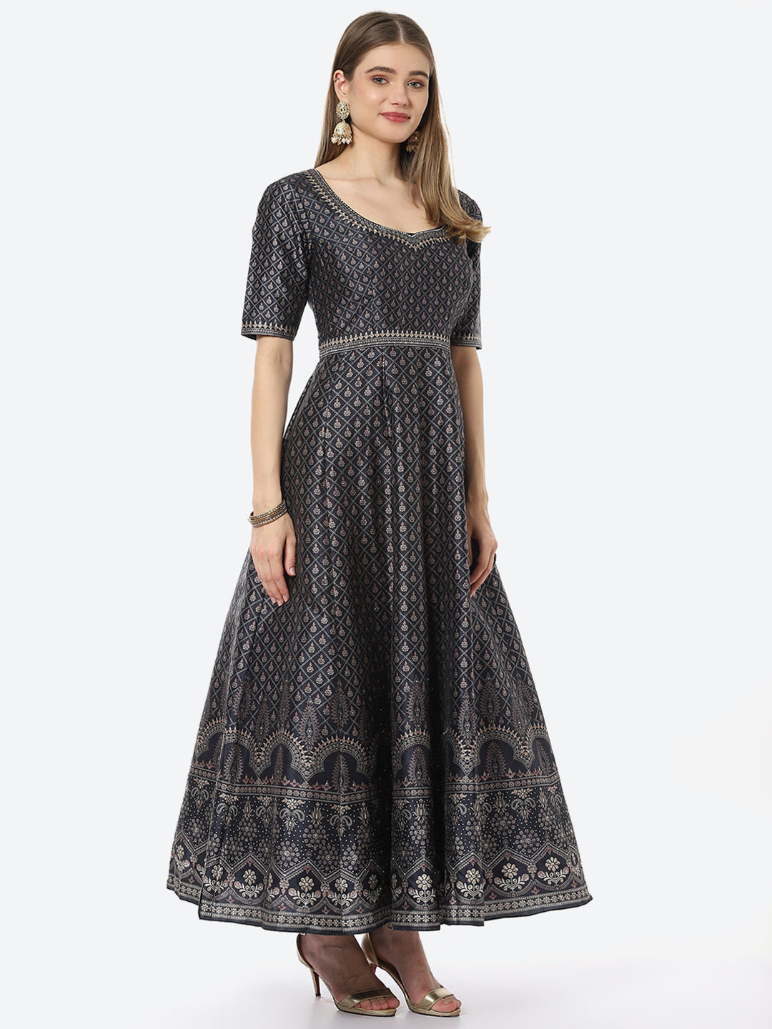 Digital Floral Printed Anarkali Kurta With Churidar &amp; Net Dupatta