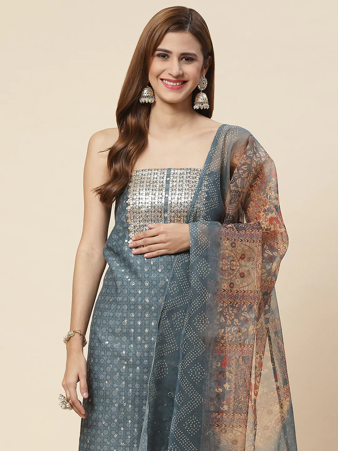 Neck Embroidered &amp; Printed Chanderi Unstitched Suit Piece With Dupatta