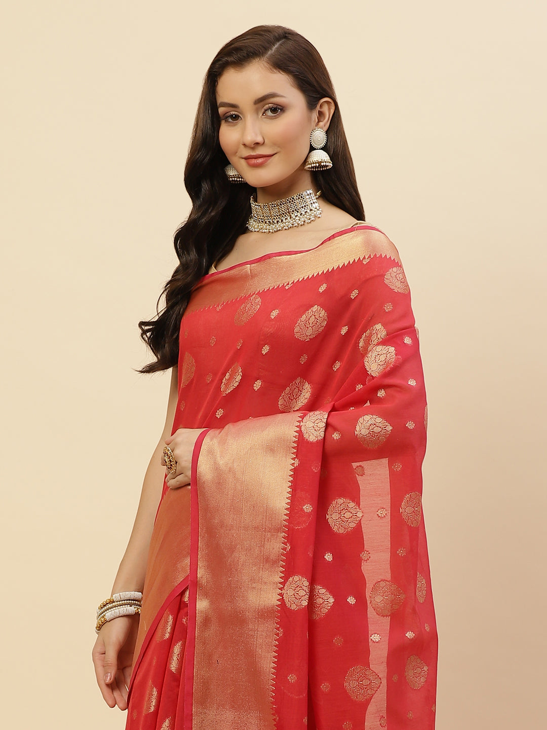 Zari Border Booti Cotton Woven Saree