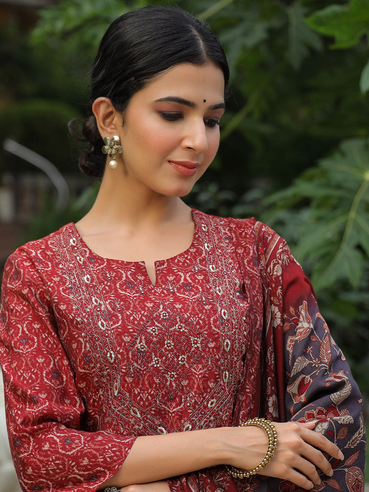 Printed Neck Embroidered Cotton Kurta With Pants &amp; Dupatta