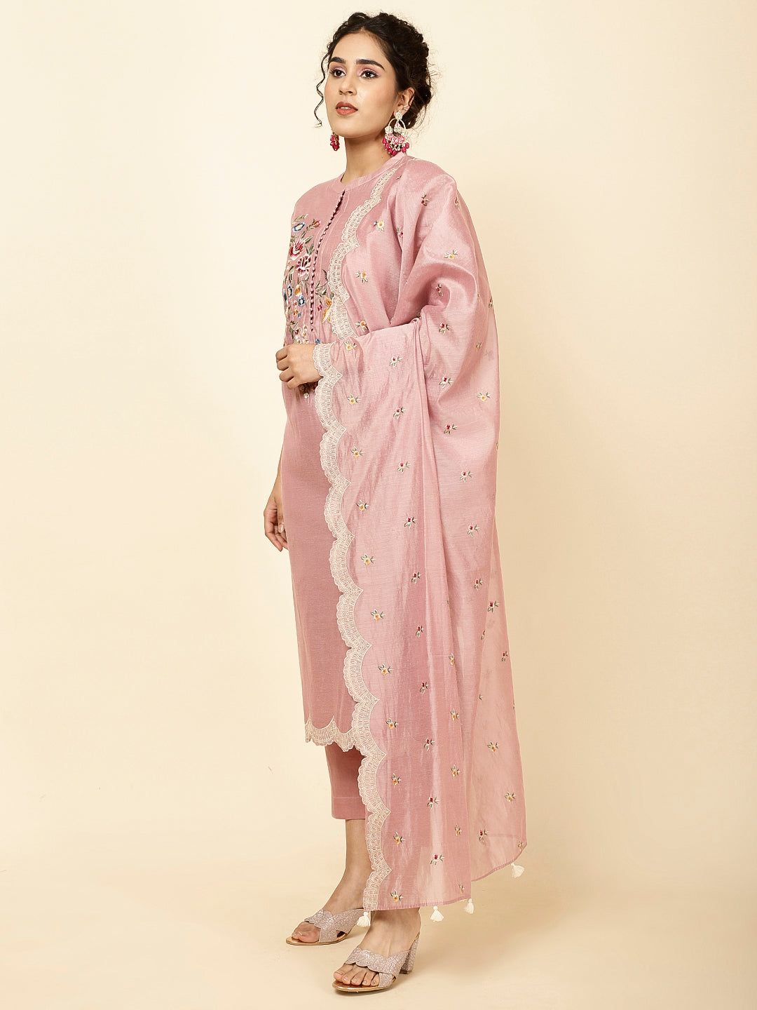 Floral Embroidered Chanderi Kurta With Pants &amp; Dupatta